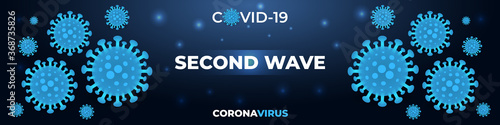 Coronavirus infection, second wave covid-19, dark blue medical banner. Dark wide vector background covid19 second wave concept. Pandemic coronavirus second wave wide banner.