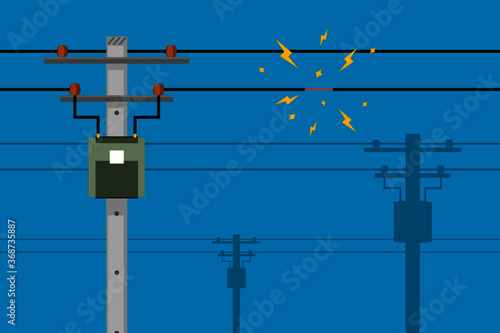 Short circuiting of damaged electrical wires with fire spark on electricity poles and blue background flat vector.