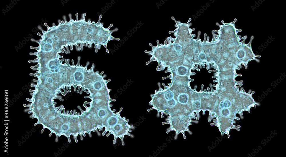 Alphabet made of virus isolated on black background. Symbol ampersand and hash. 3d rendering. Covid font