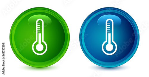 Thermometer icon artistic shiny glossy blue and green round button set