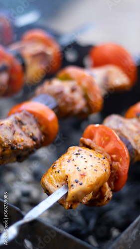 Juicy shish kebab in the grill outdoors, pieces of meat on coals, close-up. Smoke, blurred bokeh background. Cape, tomato, eggplant, onion.