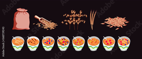 set of oat and oatmeal breakfast cup with various models. vector illustration