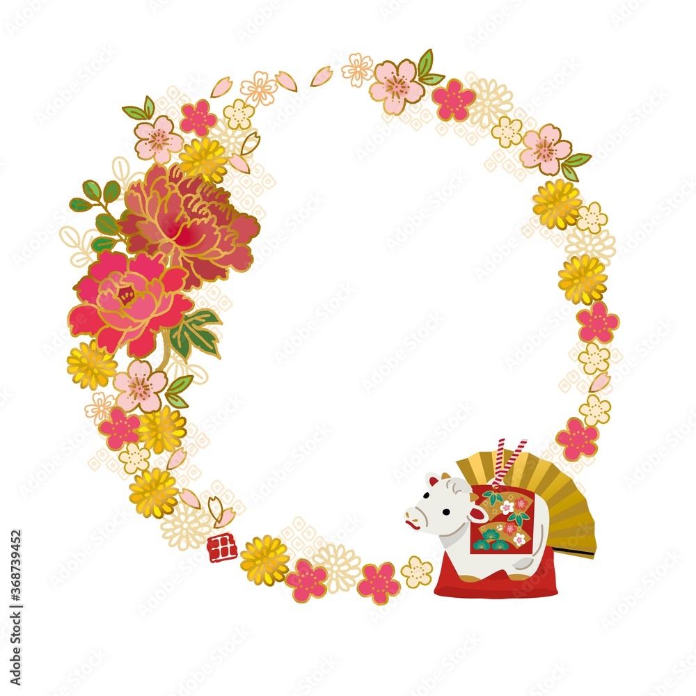 牛の置物と花のフレーム 豪華 年賀状素材 Stock Vector Adobe Stock