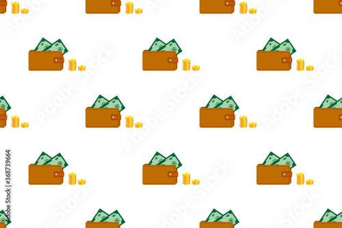 Leather wallet, purse with a stack of gold coins. Seamless ornament, pattern, background and template. Vector
