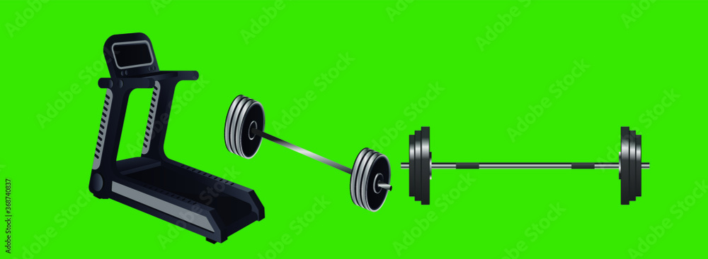 set of treadmill and barbel with various models. vector illustration set of treadmill and barbel with various models. vector illustration
