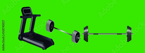 set of treadmill and barbel with various models. vector illustration