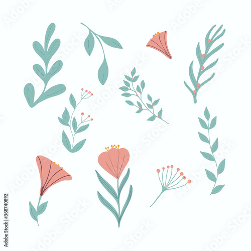 Leaves and flowers, Hugge style. Vector. Isolated on white background. Minimalism. Free hand drawing.