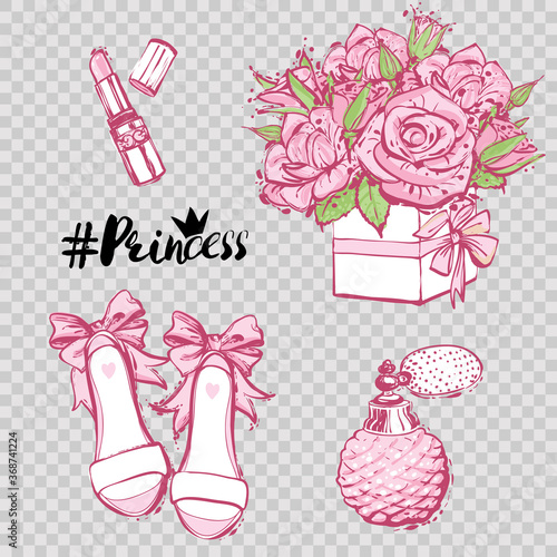 Set of trendy elements: pink lipstick, French perfume, princess hashtag, bride shoes, bouquet of roses. Wedding patches illustration. Vector fashion hand drawn art in watercolor style.