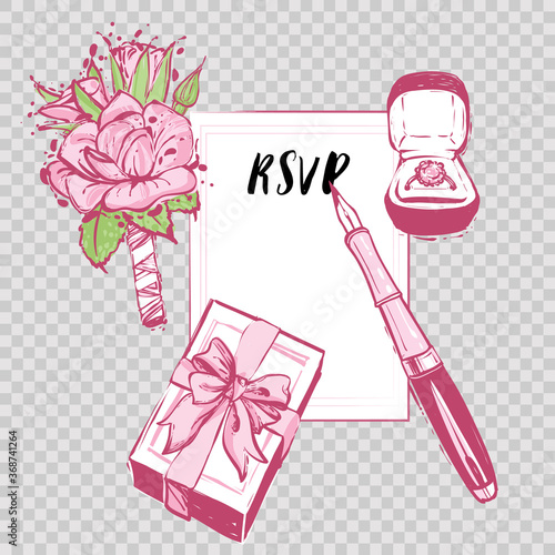 Gift box with bow, engagement ring box, rose boutonniere, fountain pen. Wedding patches illustration. Design composition for t-shirt, phone cover, cards print. Vector fashion art in watercolor style.