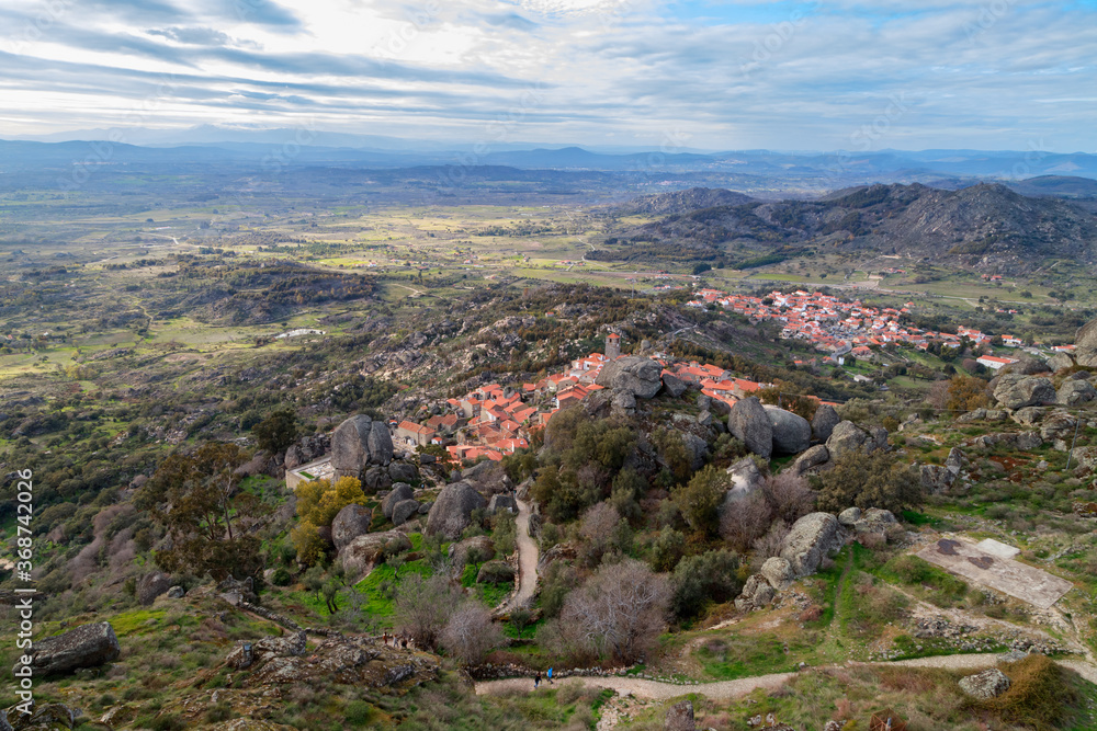 Aerial view of Portuguese countryside and ancient historic village of Monsanto around big granitic boulders. Travel Portugal.