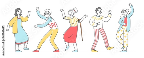Group of happy old people dancing flat illustration. Cartoon grandfathers and grandmothers enjoying music in club. Entertainment and party concept