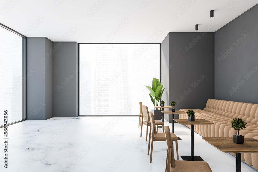 Fototapeta premium Gray cafe interior with sofas