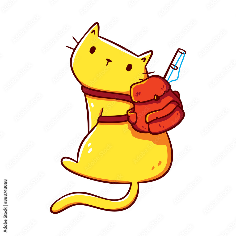 Cute orange kitten with a red backpack and fishing rod, a little adventurer that loves hiking. Design for stickers, t-shirts, posters, greeting cards. Isolated on white background Cute orange kitten with a red backpack and fishing rod, a little adventurer that loves hiking. Design for stickers, t-shirts, posters, greeting cards. Isolated on white background