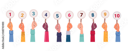 Isolated hands with score. Vector hand holding scorecards. Jury committee showing mark or voting. Icon for math education. Competition score and number sign, result card and numeric figure theme
