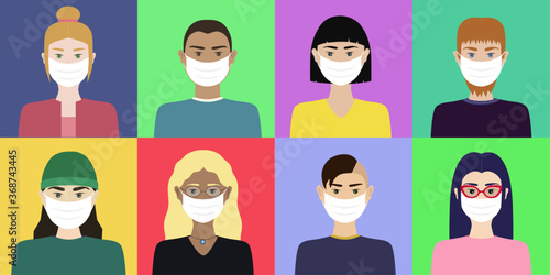 Young people cartoon avatar vectors wearing face mask