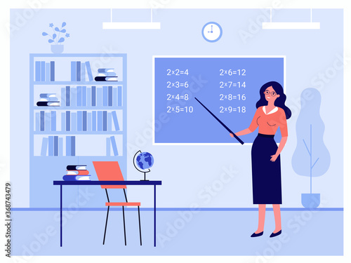 Female teacher standing near blackboard isolated flat vector illustration. Cartoon professor holding pointer and explaining lesson in classroom. School and education concept