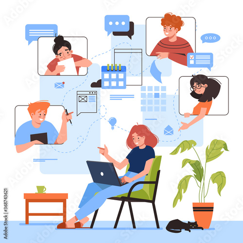 Online meeting vector illustration design. Woman with laptop at remote work conference. Virtual video study or education, business planning. Flat cartoon people discussion. Home office concept.