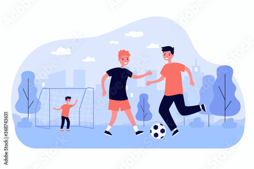 Active children playing soccer outdoors isolated flat vector illustration. Cartoon happy kids kicking ball and running at playground. Sport game and childhood concept