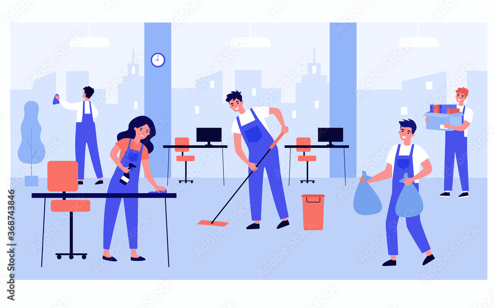 Cleaning staff team working in office isolated flat vector illustration. Cartoon professional janitors washing room from dirt. Cleaning service and hygiene concept