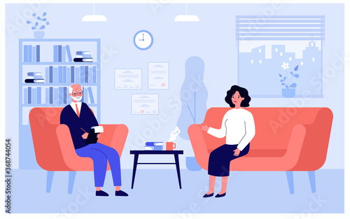 Patient sitting on sofa and talking with therapist isolated flat vector illustration. Professional doctor counseling during session in clinic. Psychotherapy and healthcare concept
