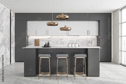 White and grey kitchen with bar