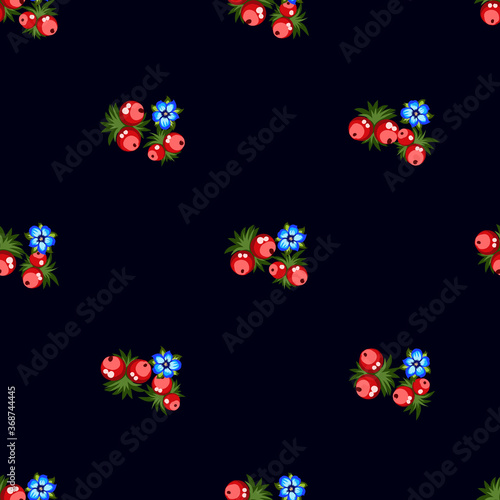 Seamless pattern of berries, flowers . Hand drawn floral ornament. Design for textile, paper, packaging, bedding from colorful doodle elements in folk style. Vector illustration