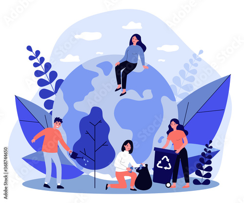Group of eco volunteers working outdoors. Young people planting tree, collecting garbage flat vector illustration. Environment, planet care concept for banner, website design or landing web page