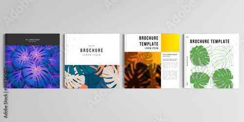 Realistic vector layouts of cover mockup design templates for square brochure, cover design, flyer, book, poster. Tropical palm leaves, shadow of tropical jungle leaves. Floral pattern backgrounds.