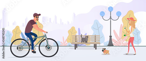 Vector illustration of a summer city park. A girl with a dog walks in the park. The guy on the bike.