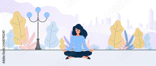 The girl meditates in the park. The woman is engaged in yoga. Healthy lifestyle concept. Vector.