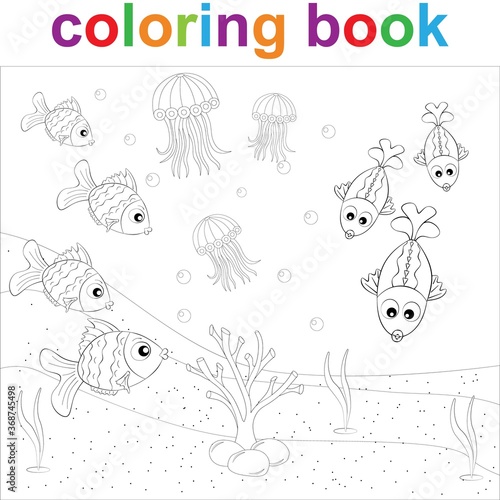 Coloring page template with cartoon fish, coral and jellyfish, for children.