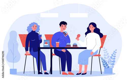 People eating fast food. Restaurant customers eating burgers at table flat vector illustration. Junk food, unhealthy habit, catering concept for banner, website design or landing web page
