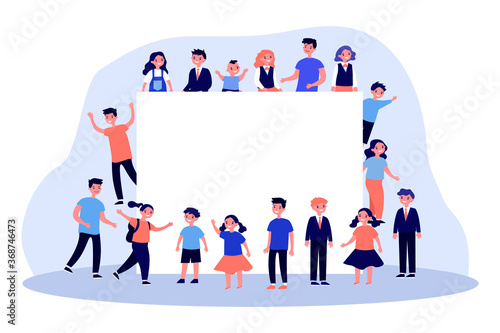Children of different ages around blank banner. Schoolchildren, pupils, copy space flat vector illustration. Kids community, back to school concept for banner, website design or landing web page
