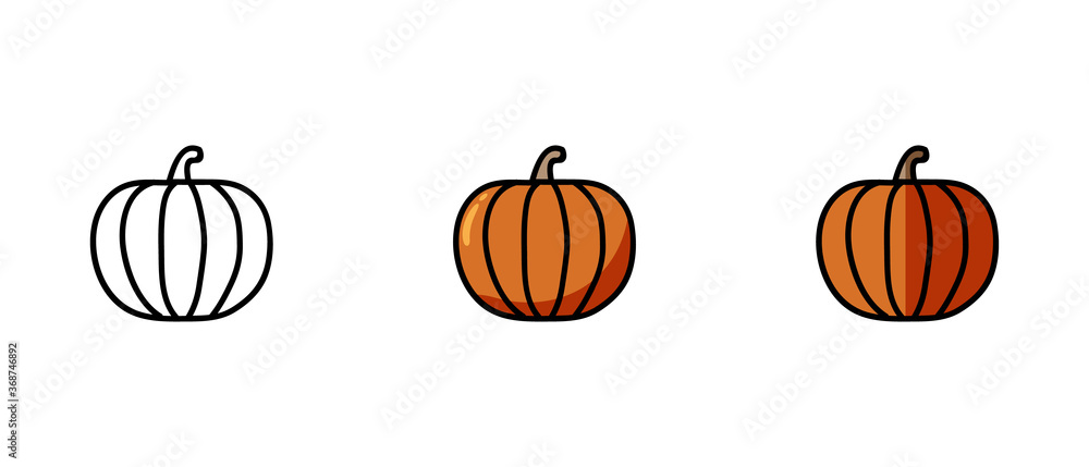 This is a set of icons with different pumpkin style. Contour and colored symbols of pumpkin. Freehand drawing. Stylish solution for a website.