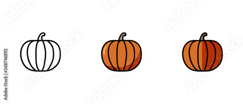 This is a set of icons with different pumpkin style. Contour and colored symbols of pumpkin. Freehand drawing. Stylish solution for a website.
