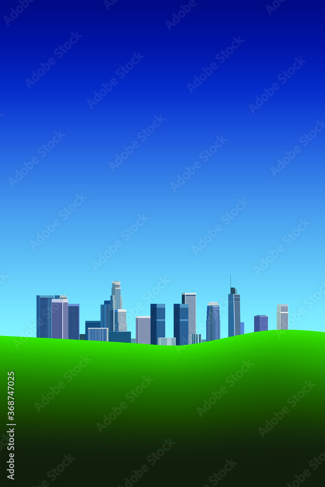 Brochure, booklet, book, magazine, leaflet, presentation cover modern design with downtown Los Angeles cityscape, green grass and blue sky – vector illustration