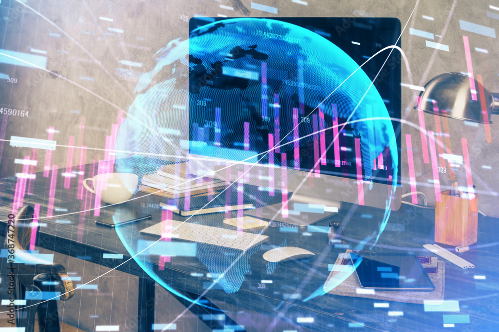 Multi exposure of forex graph and work space with computer. Concept of international online trading. Multi exposure of forex graph and work space with computer. Concept of international online trading.