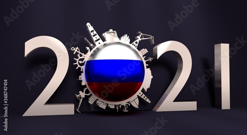 Circle with sea shipping and travel relative silhouettes. Objects located around the circle. Industrial design background. Russia flag in the center. 2021 year number. 3D rendering