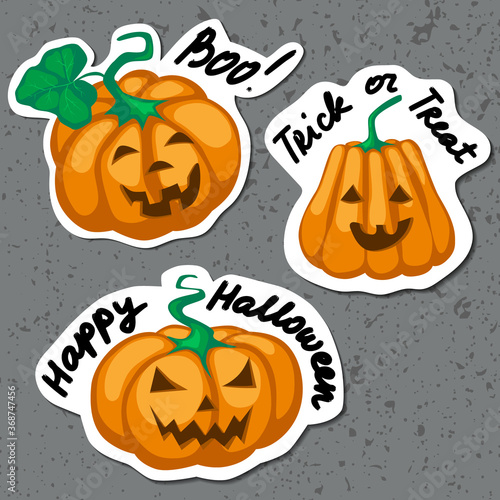 Halloween orange smiling pumpkin and hand written lettering phrases set. Sticker t-shirt design ready for print. Eve of all saints day symbol. Stock vector illustration isolated on white.