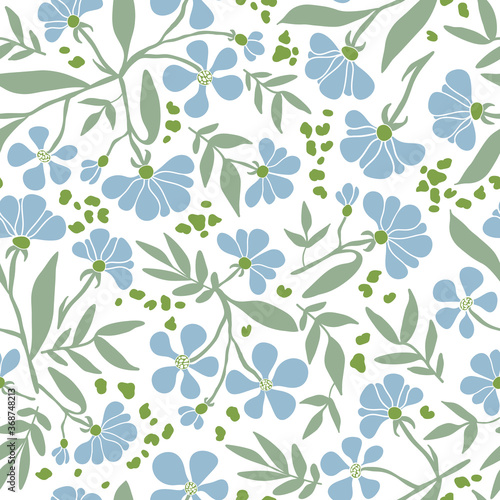 Vector seamless floral texture. Endless pattern with simple blue flowers. Print for wallpaper, wrapping paper, web page background, surface design