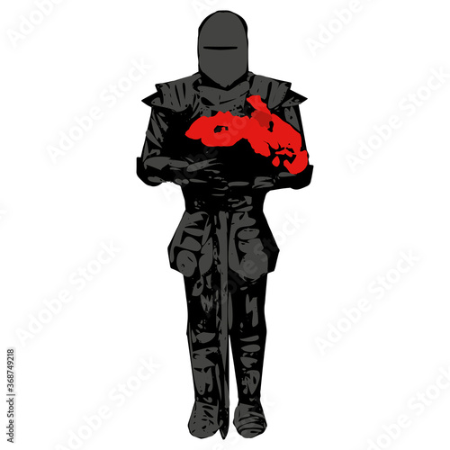 Knight dark silhouette in armour with bouquet of red on white background, vector eps 10