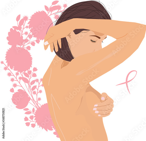 Young topless woman doing breast self-examination (BSE). Breast Cancer Awareness. Woman on the flowers background.