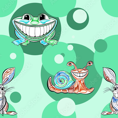Seamless pattern with hand drawn frog  rabbit and snail on magic mint color background and green polka dot.