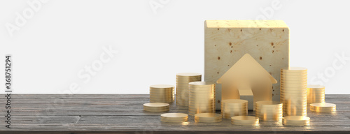 Mortgage concept. Wooden house model with a coin pile. 3d rendering
