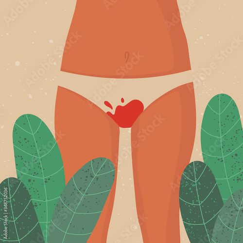 Menstrual period concept. Womens thighs with blood-stained panties. Feminine hygiene. Menstrual protection. Vector stock illustration. For website and article design, application and print.