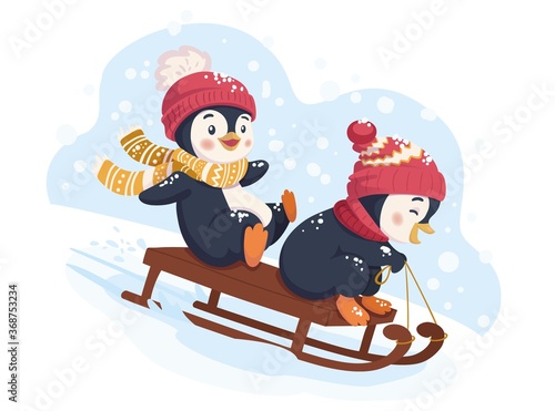 Funny penguin sledding
