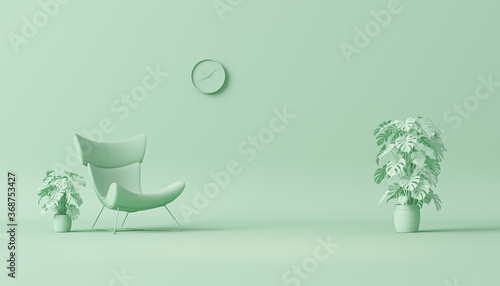 Fotografi Interior of the room in plain monochrome pastel blue color with furnitures and room accessories