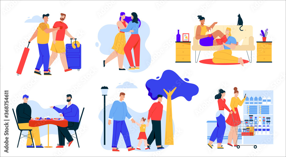 Vector illustration of LGBT couples or family set isolated scenes