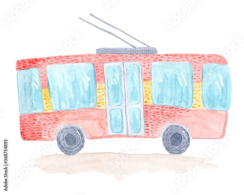 Cute colorful vector hand drawn watercolor trolleybus. Tender childish illustration of trolley isolated on white background for kids prints, educational apps, books