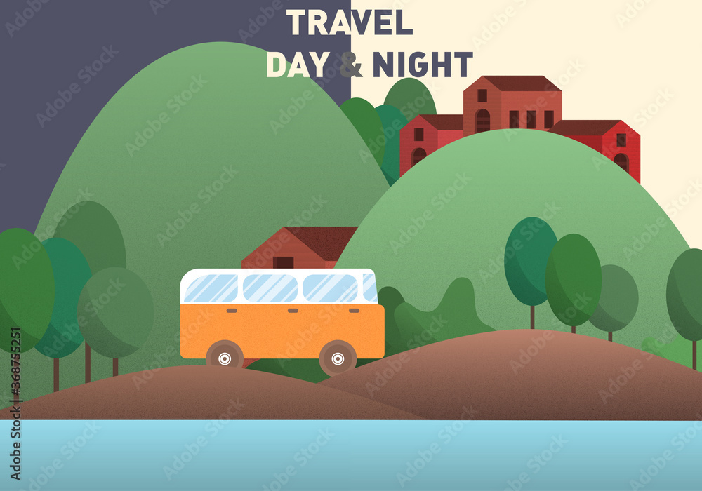 Travel Day and Night illustration. Mountains and hills vector art. Background wallpaper template.  
